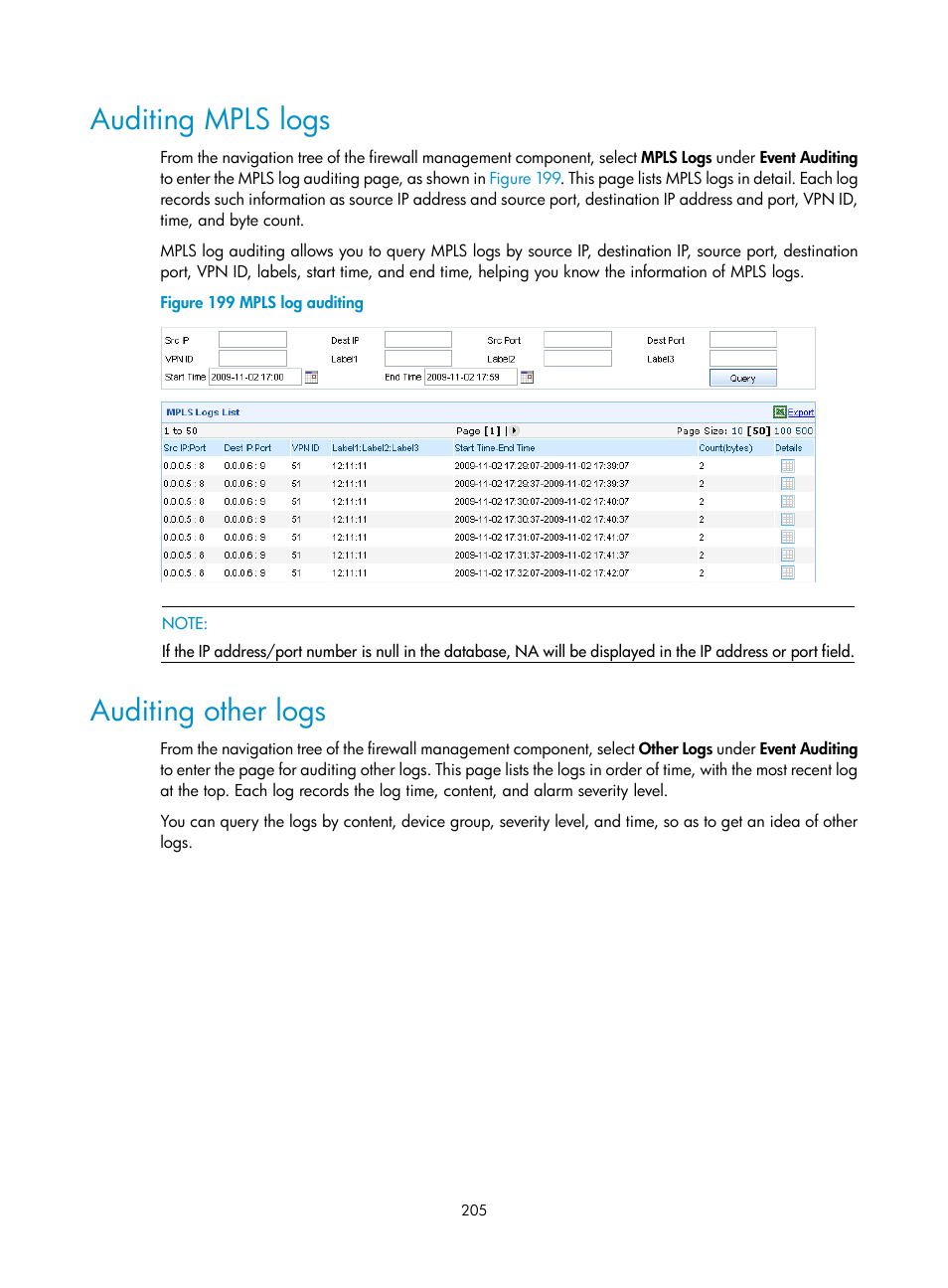 Auditing mpls logs, Auditing other logs | H3C Technologies H3C SecCenter UTM Manager User Manual | Page 213 / 262