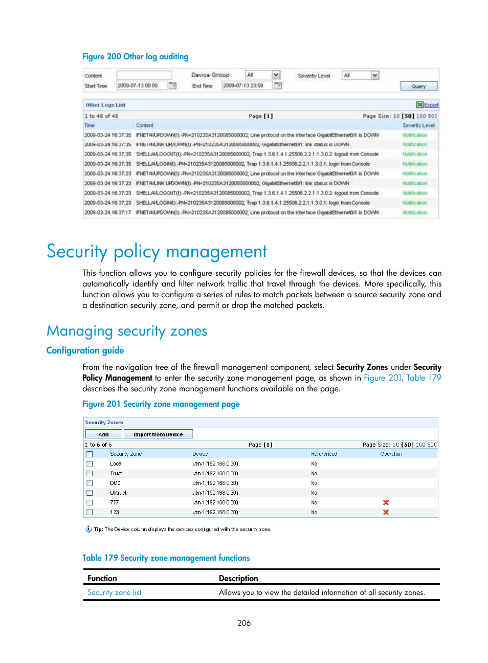 Security policy management, Managing security zones, Configuration guide | H3C Technologies H3C SecCenter UTM Manager User Manual | Page 214 / 262