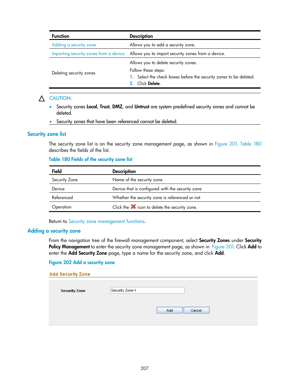 Security zone list, Adding a security zone | H3C Technologies H3C SecCenter UTM Manager User Manual | Page 215 / 262