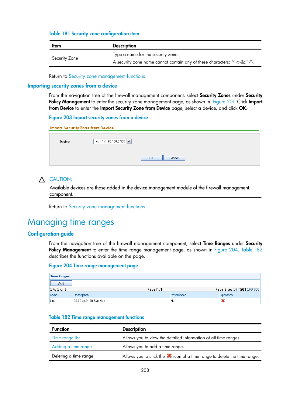 Importing security zones from a device, Managing time ranges, Configuration guide | H3C Technologies H3C SecCenter UTM Manager User Manual | Page 216 / 262