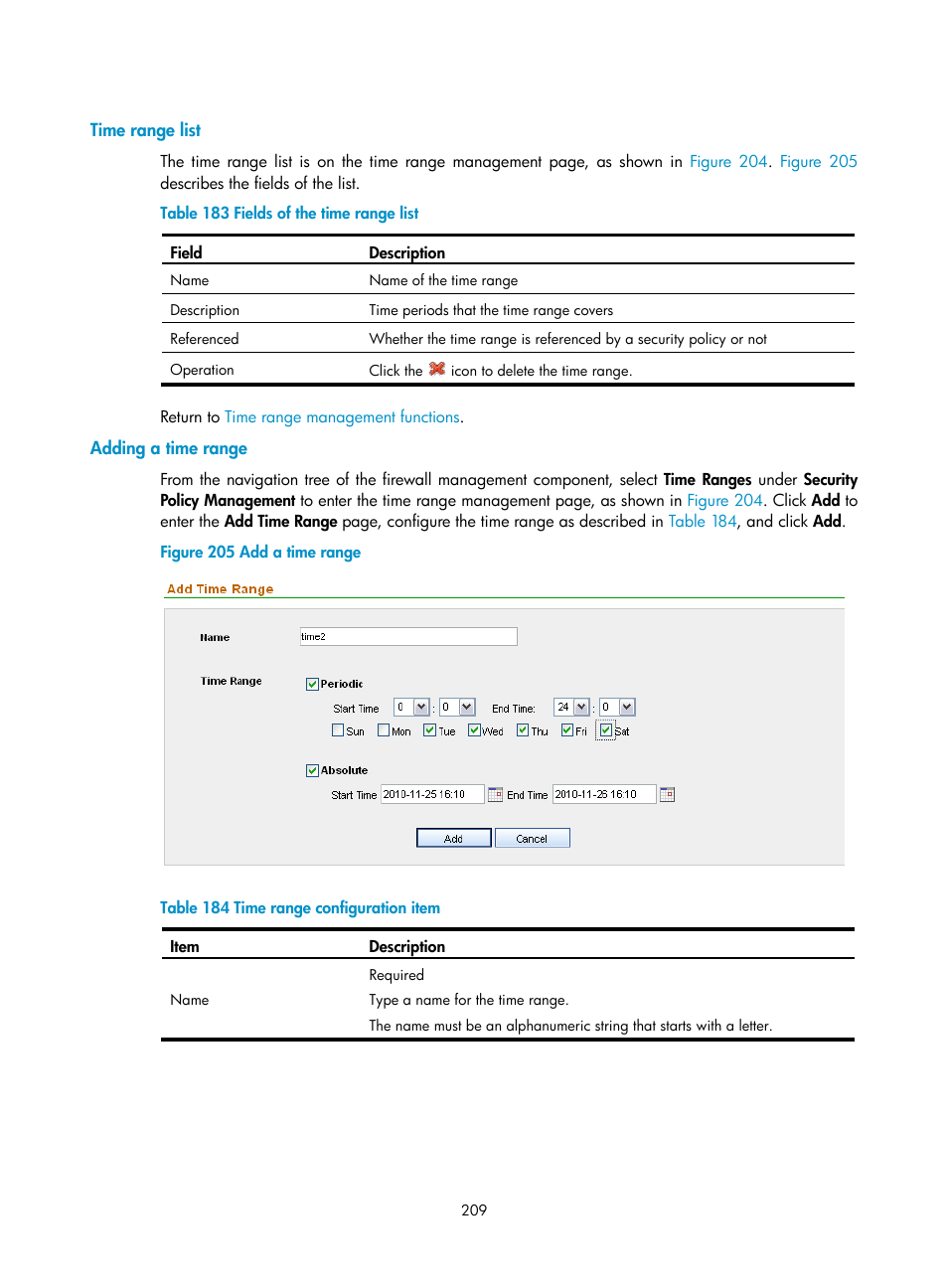 Time range list, Adding a time range | H3C Technologies H3C SecCenter UTM Manager User Manual | Page 217 / 262