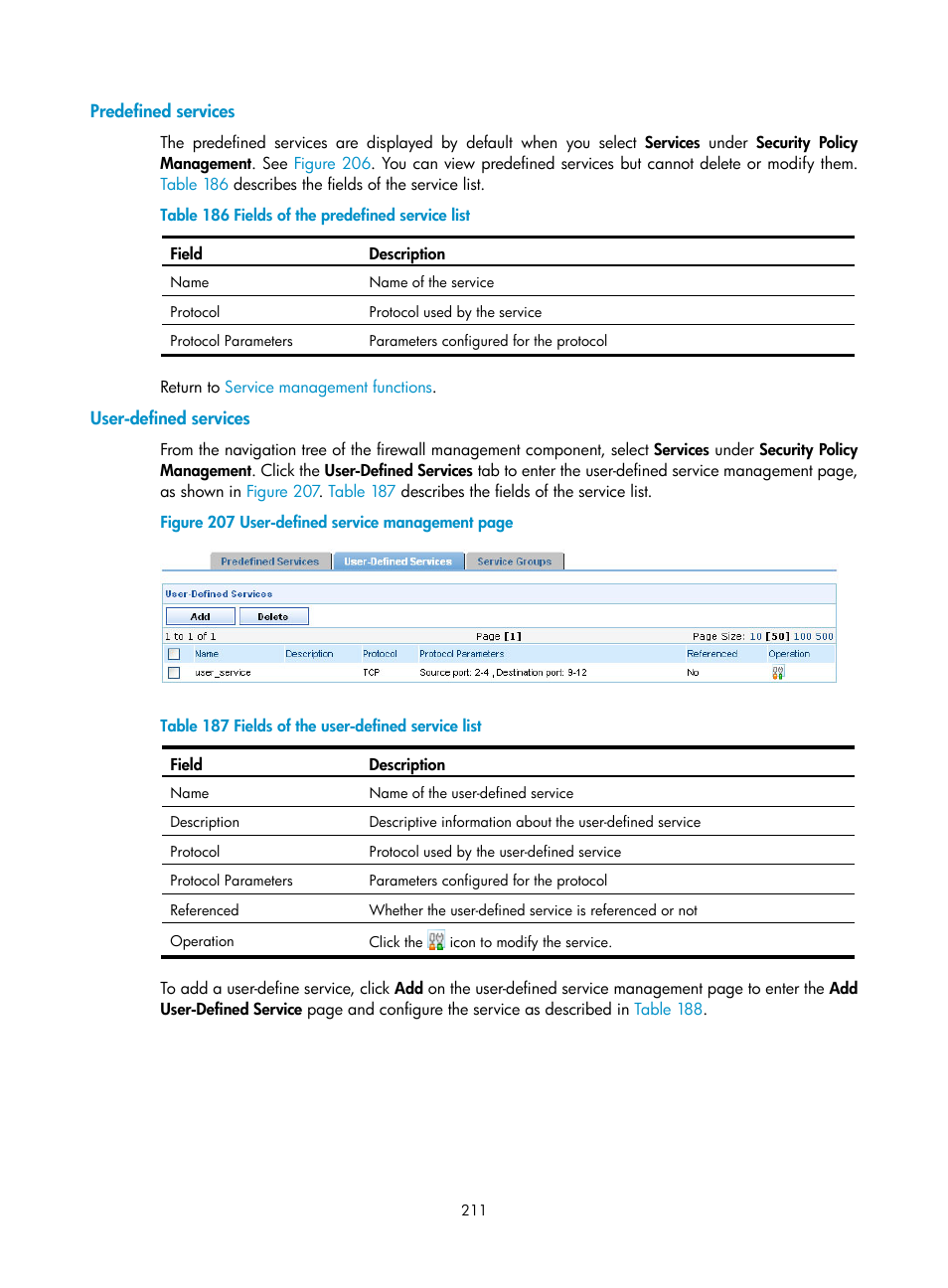 Predefined services, User-defined services | H3C Technologies H3C SecCenter UTM Manager User Manual | Page 219 / 262