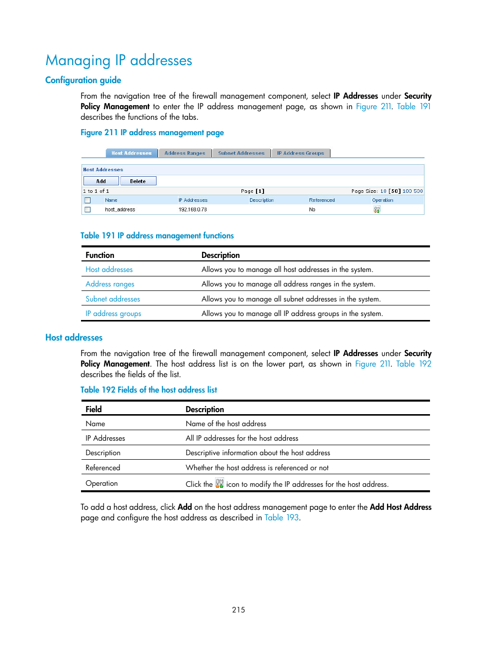 Managing ip addresses, Configuration guide, Host addresses | H3C Technologies H3C SecCenter UTM Manager User Manual | Page 223 / 262