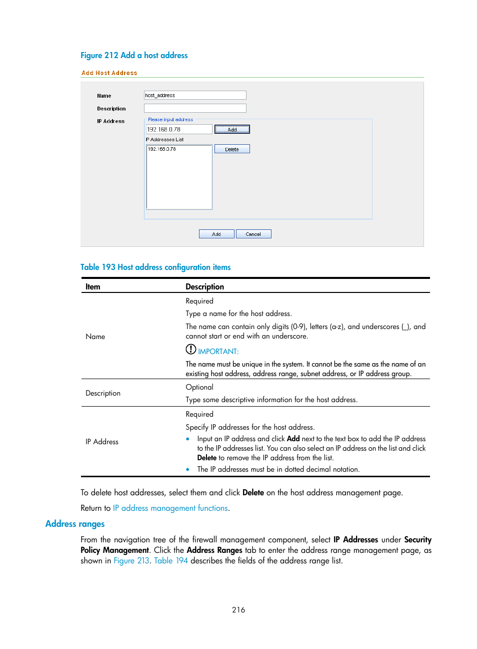 Address ranges, D in, Table 193 | H3C Technologies H3C SecCenter UTM Manager User Manual | Page 224 / 262