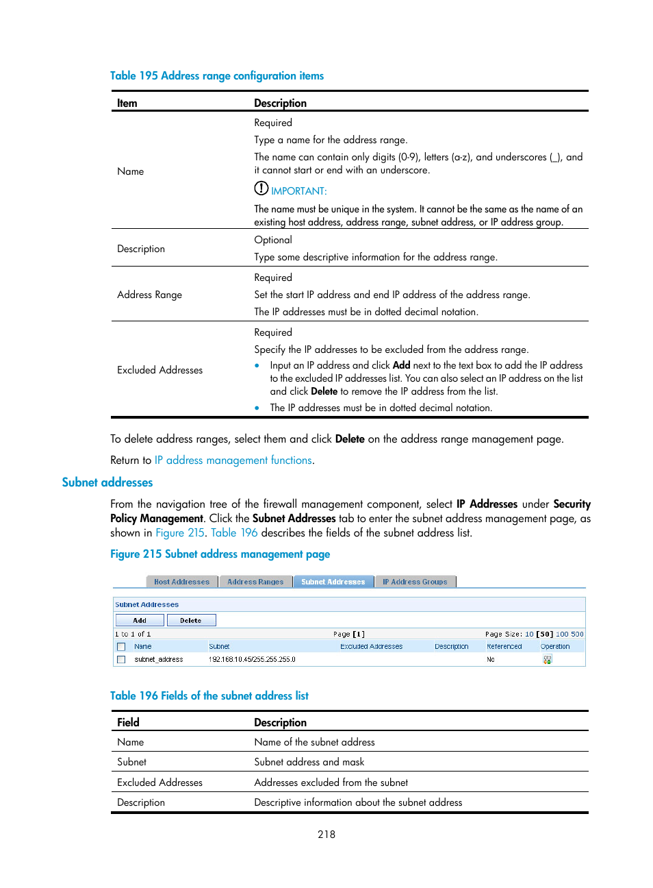 Subnet addresses | H3C Technologies H3C SecCenter UTM Manager User Manual | Page 226 / 262