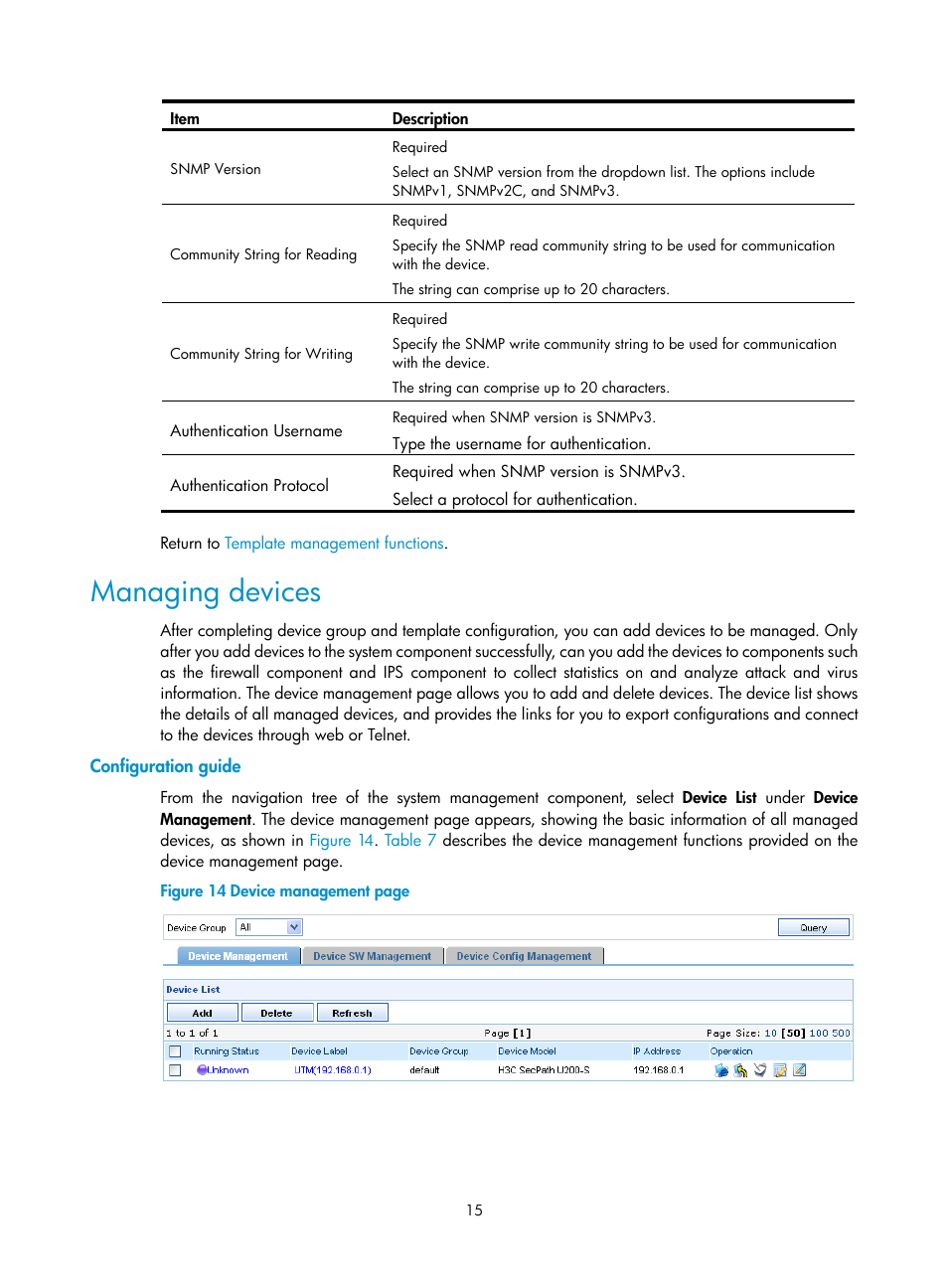 Managing devices, Configuration guide | H3C Technologies H3C SecCenter UTM Manager User Manual | Page 23 / 262