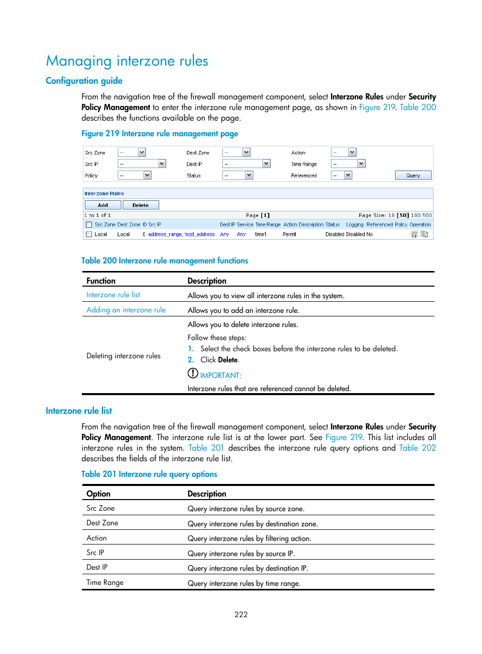 Managing interzone rules, Configuration guide, Interzone rule list | H3C Technologies H3C SecCenter UTM Manager User Manual | Page 230 / 262