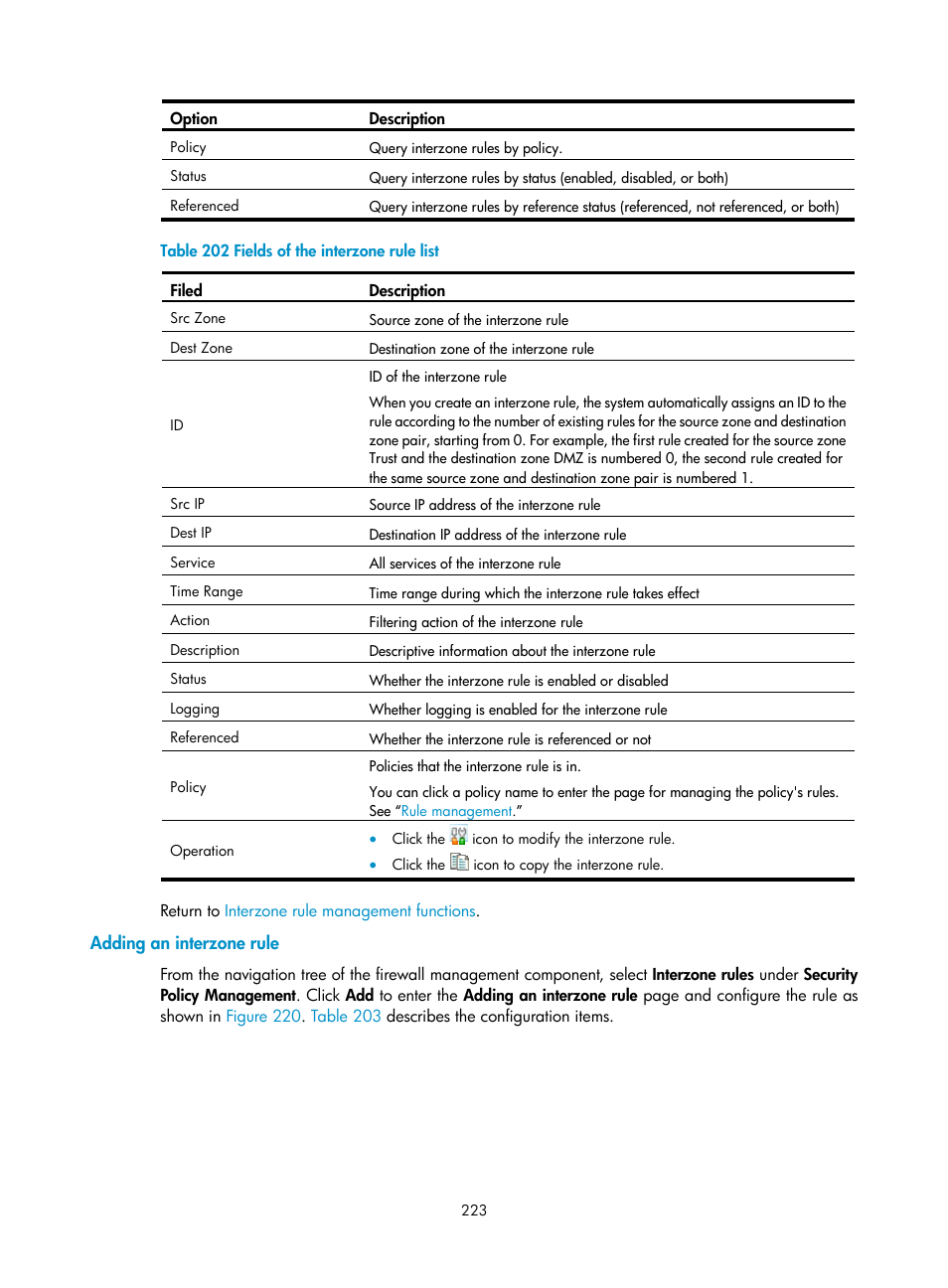Adding an interzone rule, Table 202 | H3C Technologies H3C SecCenter UTM Manager User Manual | Page 231 / 262