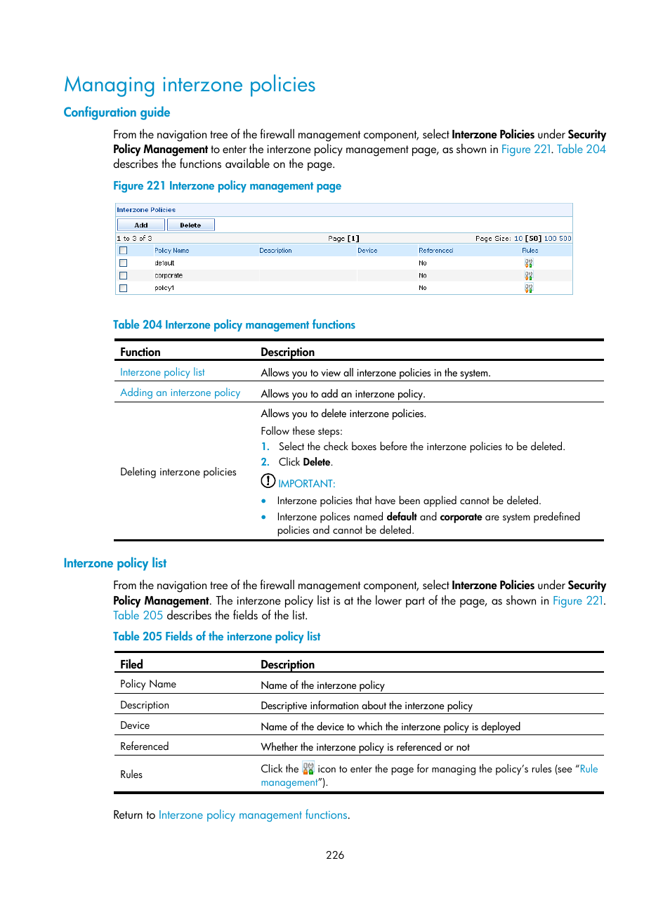 Managing interzone policies, Configuration guide, Interzone policy list | H3C Technologies H3C SecCenter UTM Manager User Manual | Page 234 / 262