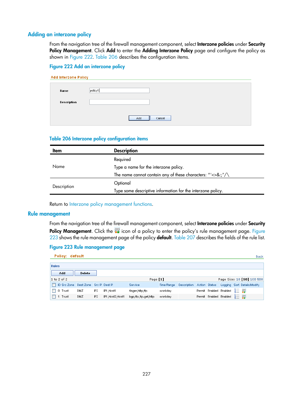 Adding an interzone policy, Rule management, Rule | Management | H3C Technologies H3C SecCenter UTM Manager User Manual | Page 235 / 262