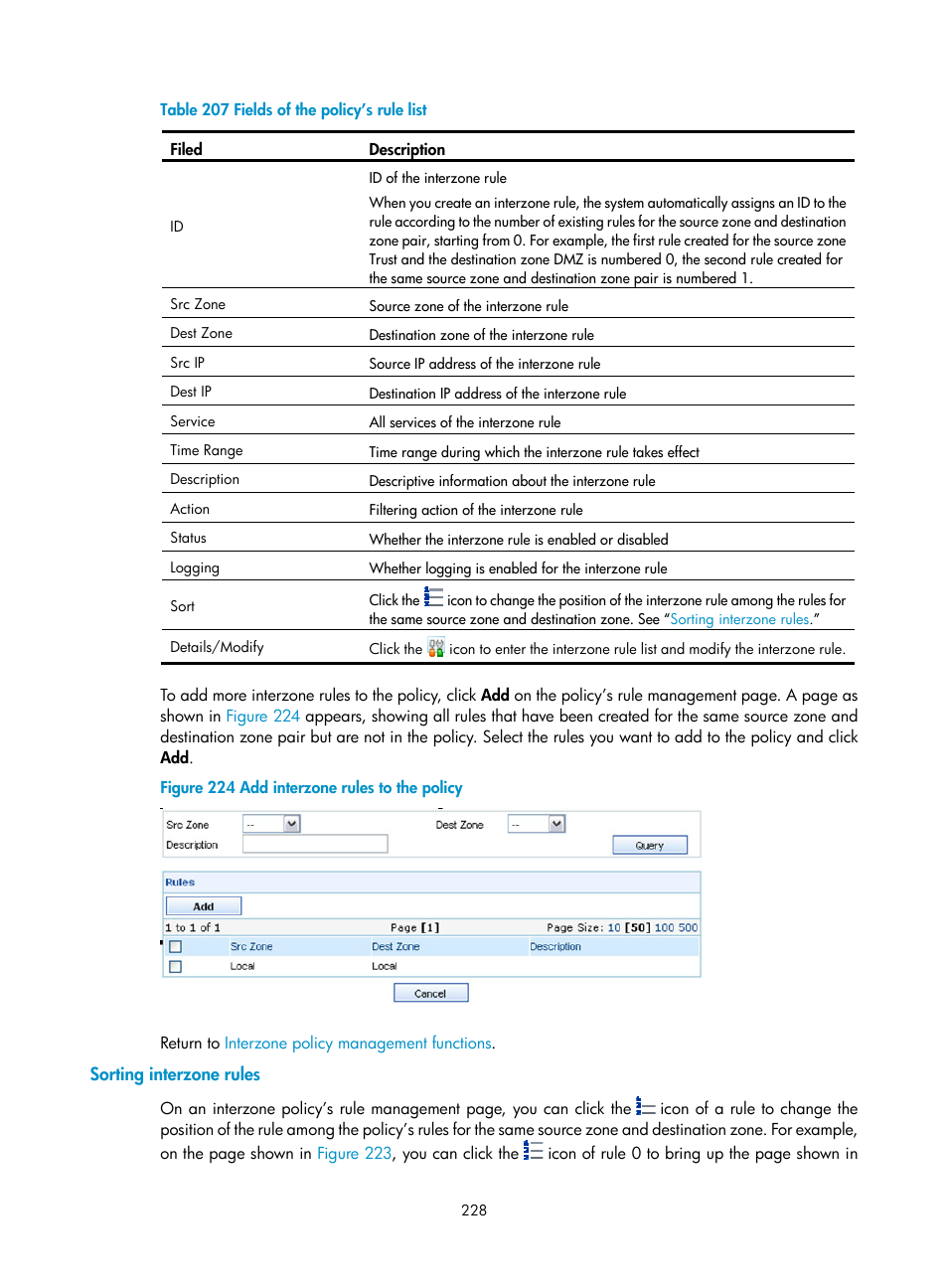 Sorting interzone rules, Table 207 | H3C Technologies H3C SecCenter UTM Manager User Manual | Page 236 / 262