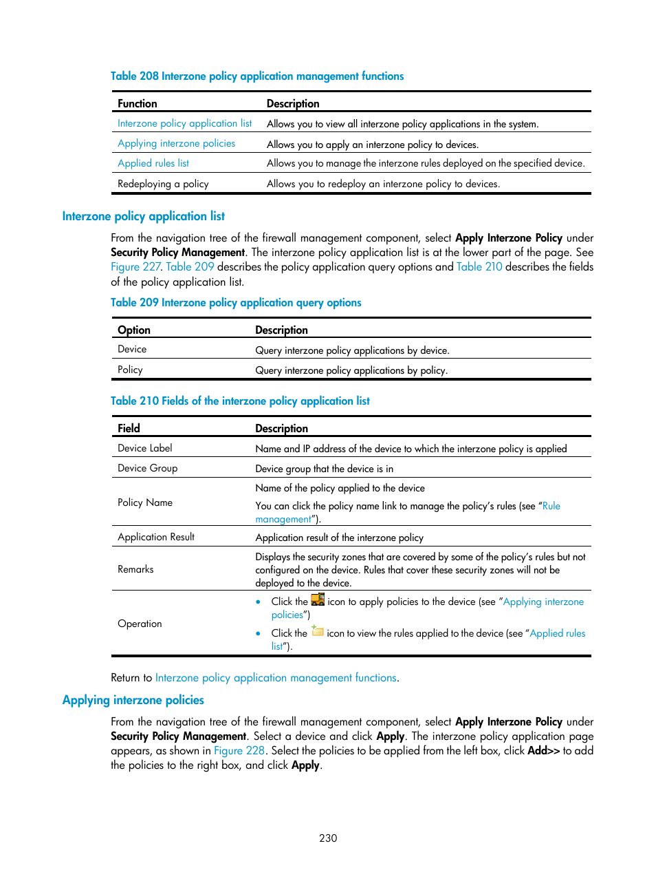 Interzone policy application list, Applying interzone policies, Table 208 | H3C Technologies H3C SecCenter UTM Manager User Manual | Page 238 / 262