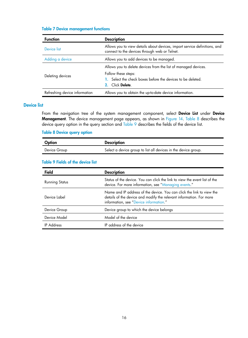 Device list, Table 7 | H3C Technologies H3C SecCenter UTM Manager User Manual | Page 24 / 262