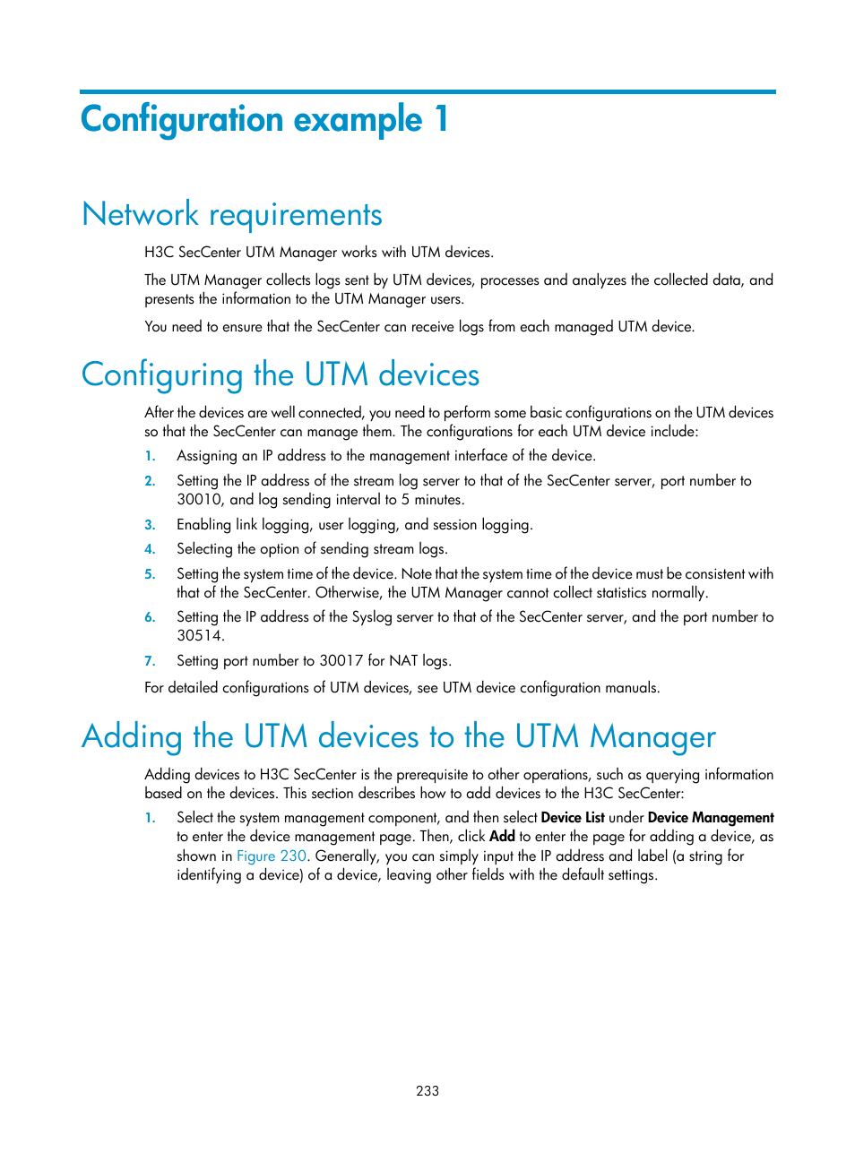 Configuration example 1, Network requirements, Configuring the utm devices | Adding the utm devices to the utm manager | H3C Technologies H3C SecCenter UTM Manager User Manual | Page 241 / 262