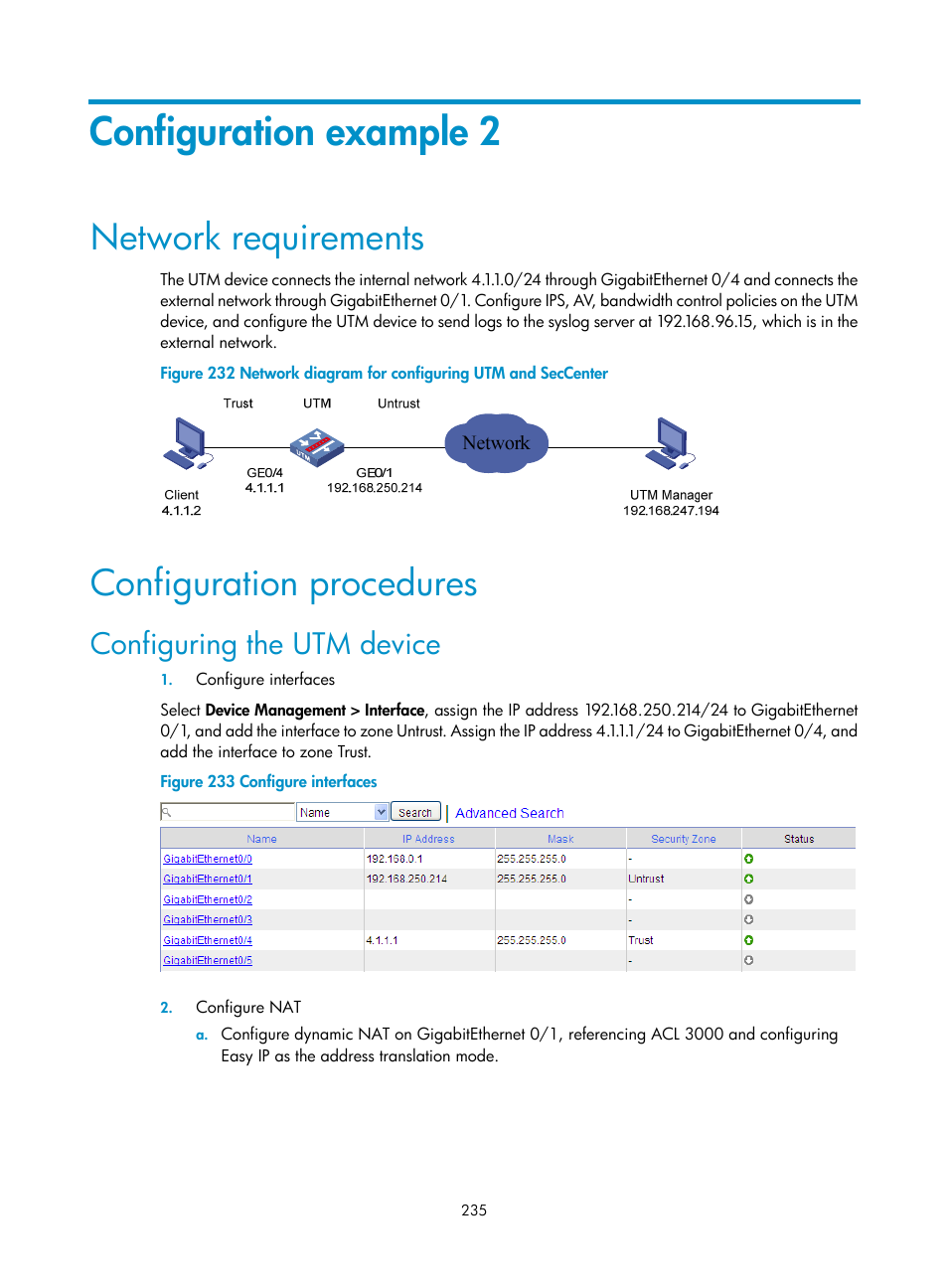 Configuration example 2, Network requirements, Configuration procedures | Configuring the utm device | H3C Technologies H3C SecCenter UTM Manager User Manual | Page 243 / 262