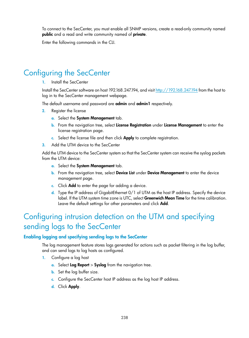 Configuring the seccenter | H3C Technologies H3C SecCenter UTM Manager User Manual | Page 246 / 262