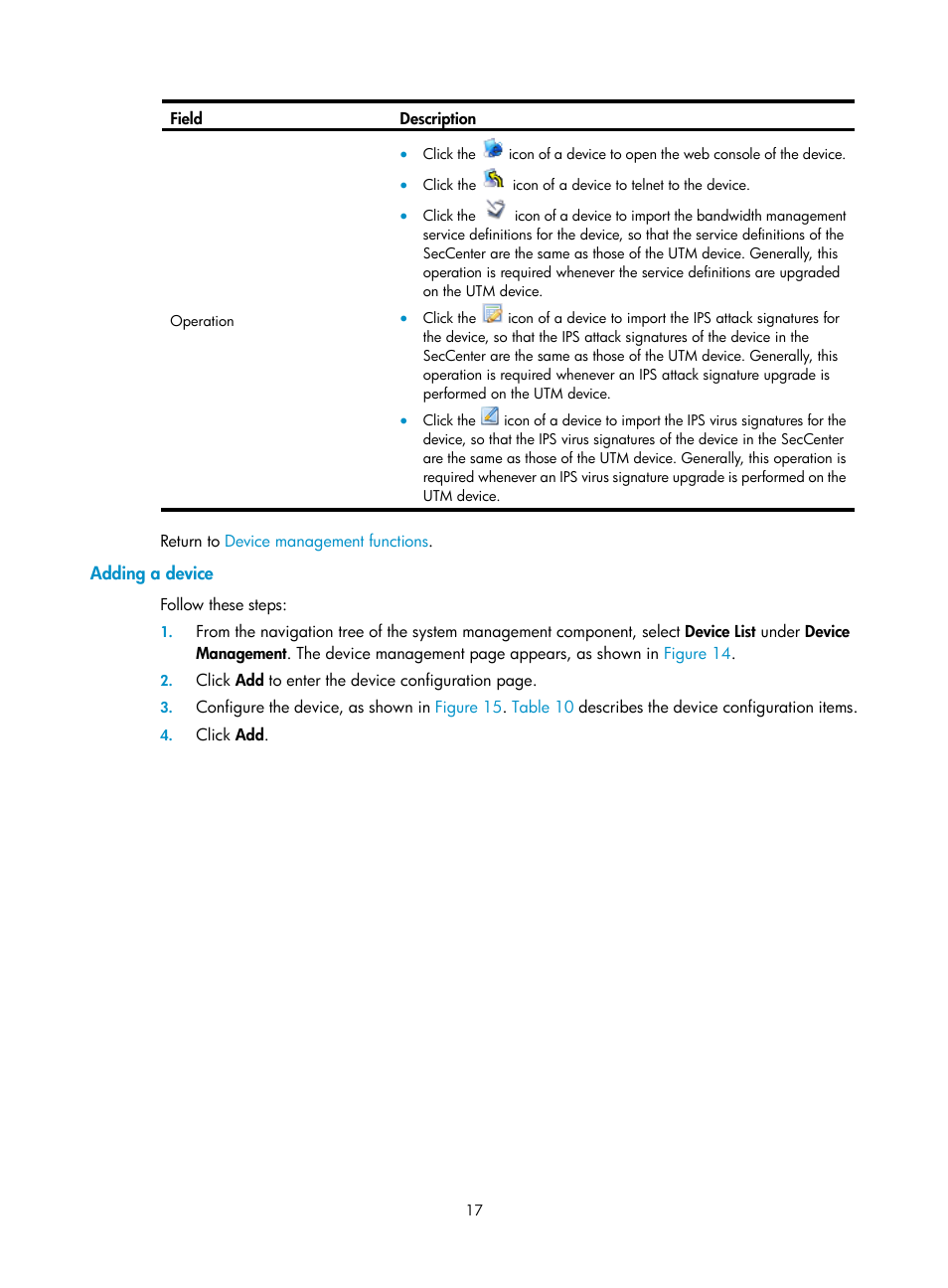 Adding a device | H3C Technologies H3C SecCenter UTM Manager User Manual | Page 25 / 262