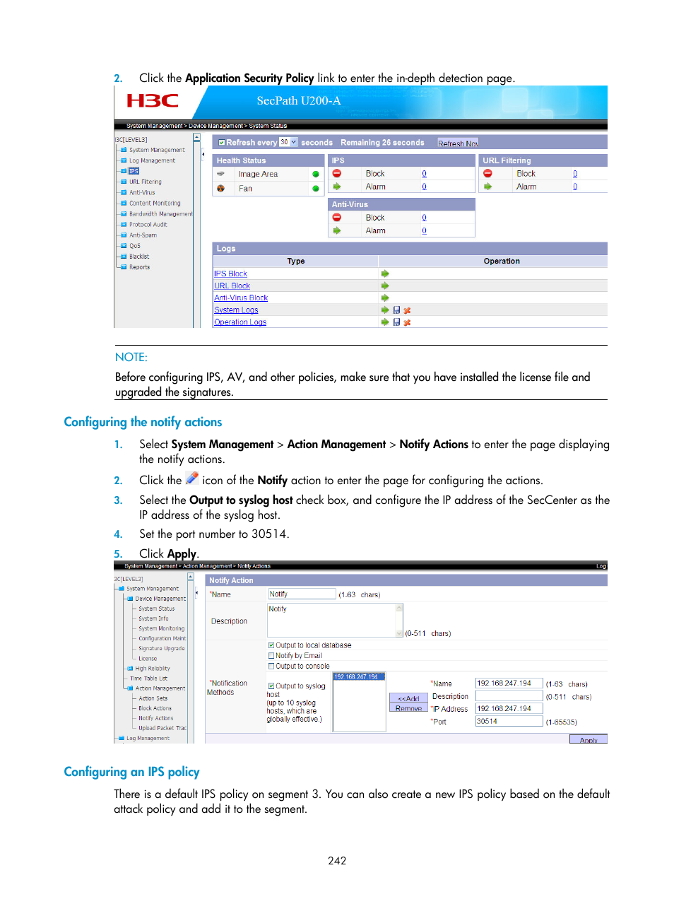 Configuring the notify actions, Configuring an ips policy | H3C Technologies H3C SecCenter UTM Manager User Manual | Page 250 / 262