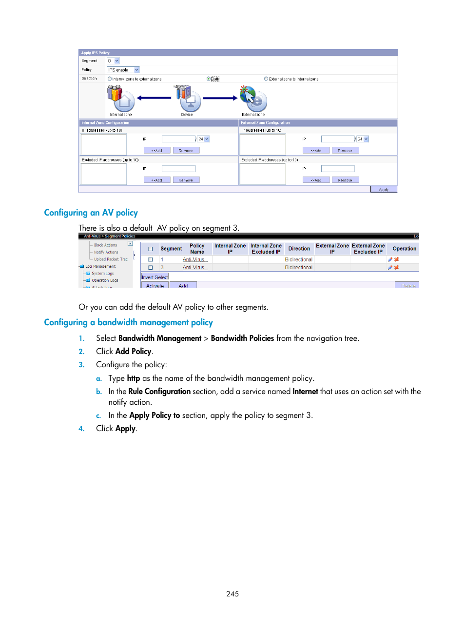 Configuring an av policy, Configuring a bandwidth management policy | H3C Technologies H3C SecCenter UTM Manager User Manual | Page 253 / 262