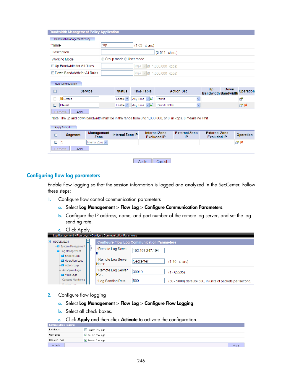 Configuring flow log parameters | H3C Technologies H3C SecCenter UTM Manager User Manual | Page 254 / 262