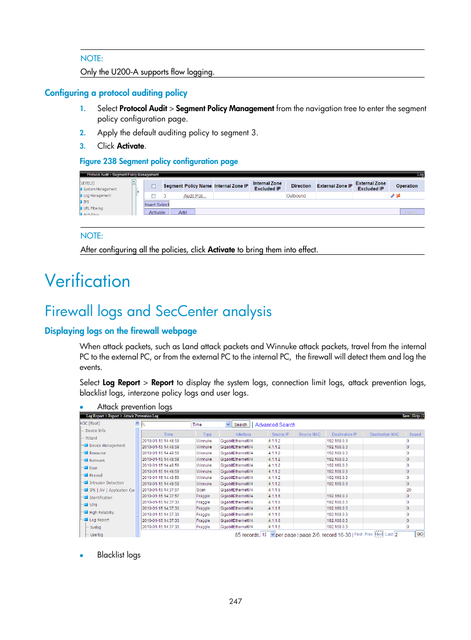 Configuring a protocol auditing policy, Verification, Firewall logs and seccenter analysis | H3C Technologies H3C SecCenter UTM Manager User Manual | Page 255 / 262