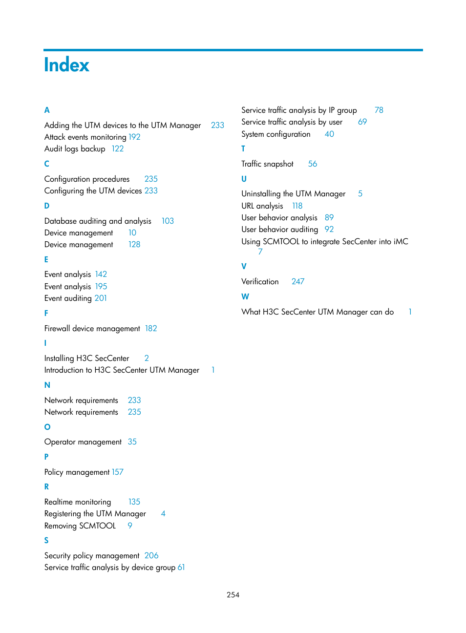 Index | H3C Technologies H3C SecCenter UTM Manager User Manual | Page 262 / 262