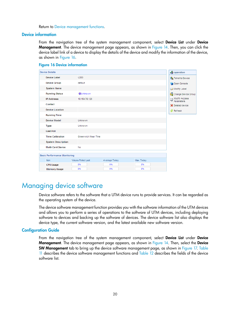 Device information, Managing device software, Configuration guide | H3C Technologies H3C SecCenter UTM Manager User Manual | Page 28 / 262