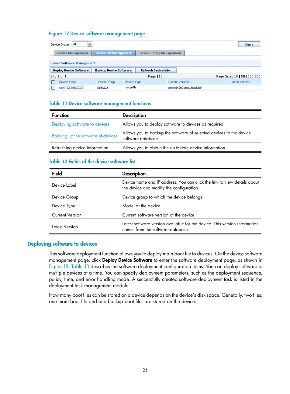 Deploying software to devices, N in, Figure 17 | Table, Table 12 | H3C Technologies H3C SecCenter UTM Manager User Manual | Page 29 / 262