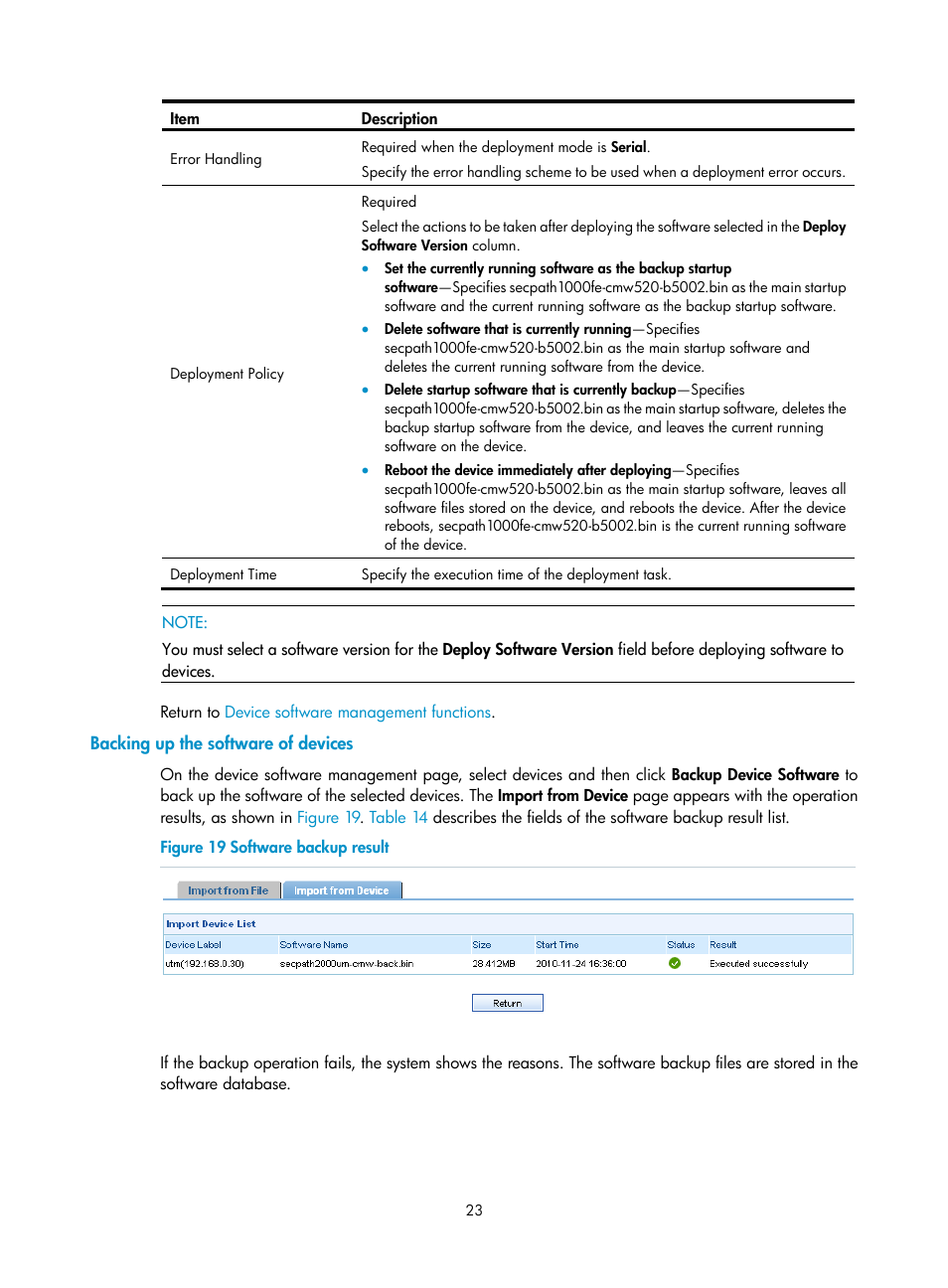 Backing up the software of devices | H3C Technologies H3C SecCenter UTM Manager User Manual | Page 31 / 262