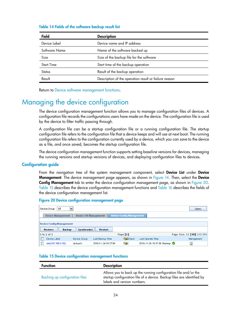 Managing the device configuration, Configuration guide, Table 14 | H3C Technologies H3C SecCenter UTM Manager User Manual | Page 32 / 262