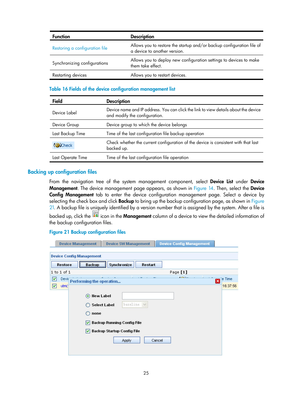 Backing up configuration files, Table 16 | H3C Technologies H3C SecCenter UTM Manager User Manual | Page 33 / 262