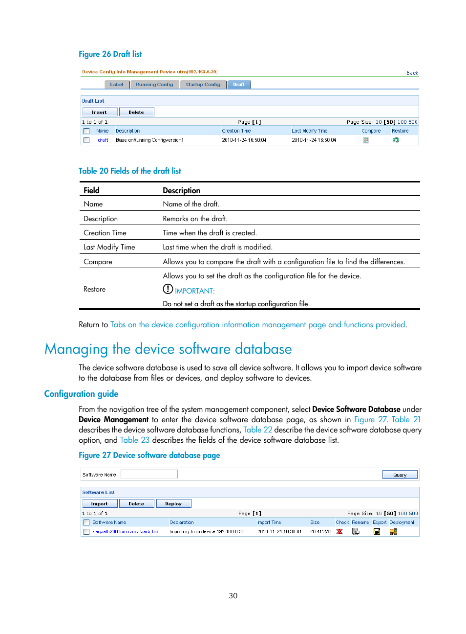 Managing the device software database, Configuration guide, N in | Figure 26 | H3C Technologies H3C SecCenter UTM Manager User Manual | Page 38 / 262