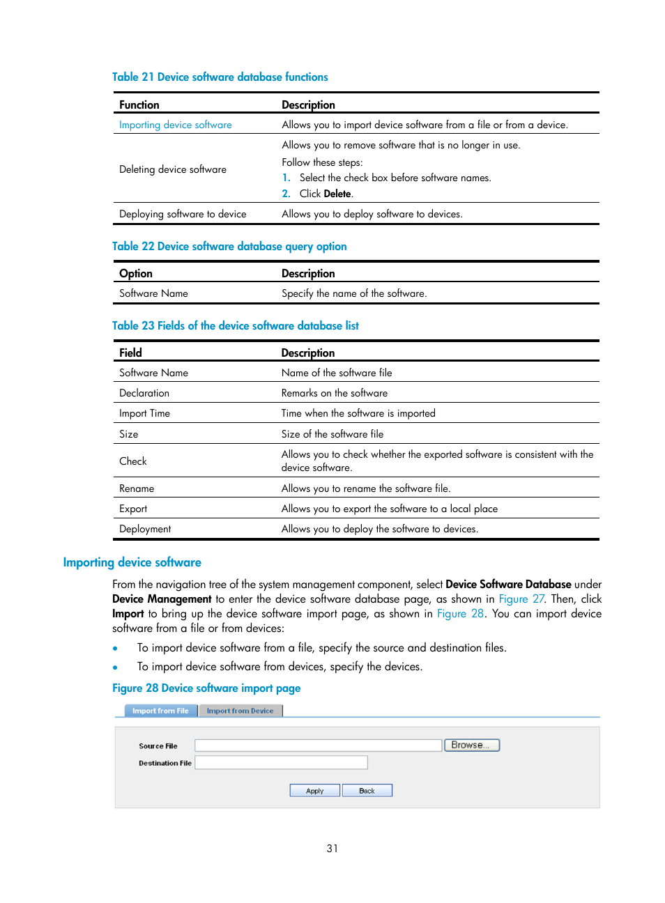 Importing device software, Table 21, Table 22 | Table 23 | H3C Technologies H3C SecCenter UTM Manager User Manual | Page 39 / 262