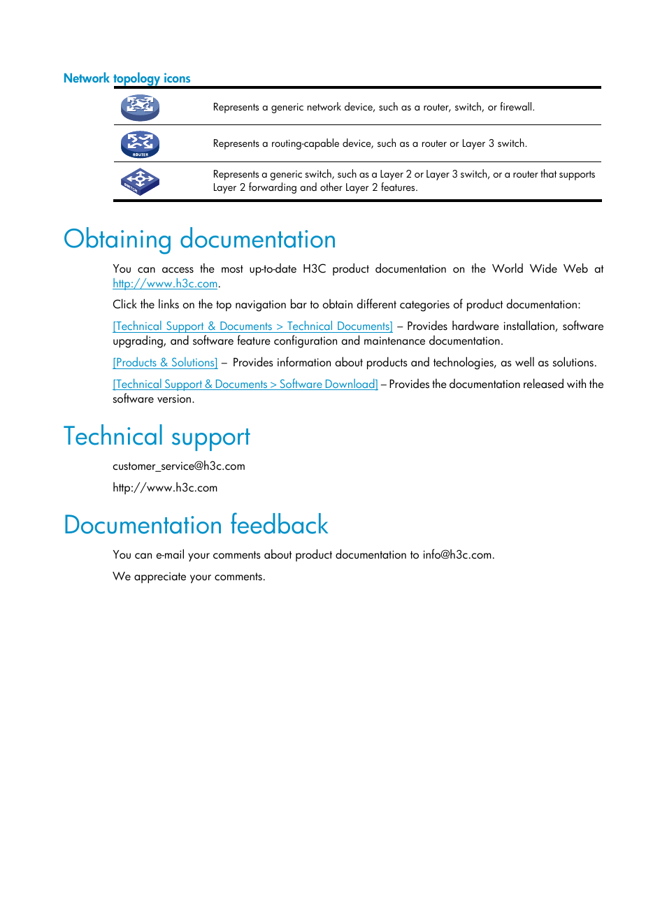 Network topology icons, Obtaining documentation, Technical support | Documentation feedback | H3C Technologies H3C SecCenter UTM Manager User Manual | Page 4 / 262