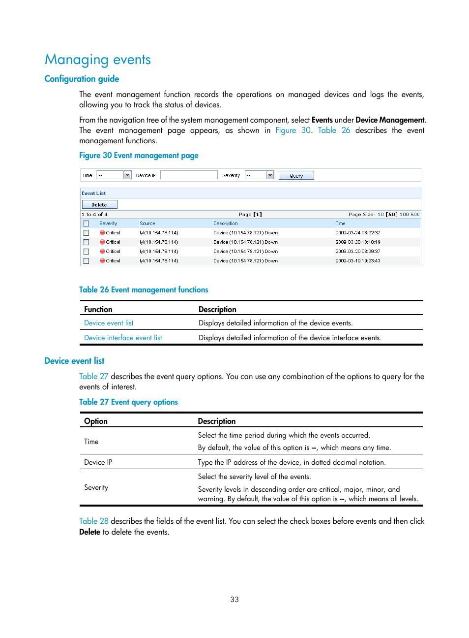 Managing events, Configuration guide, Device event list | H3C Technologies H3C SecCenter UTM Manager User Manual | Page 41 / 262