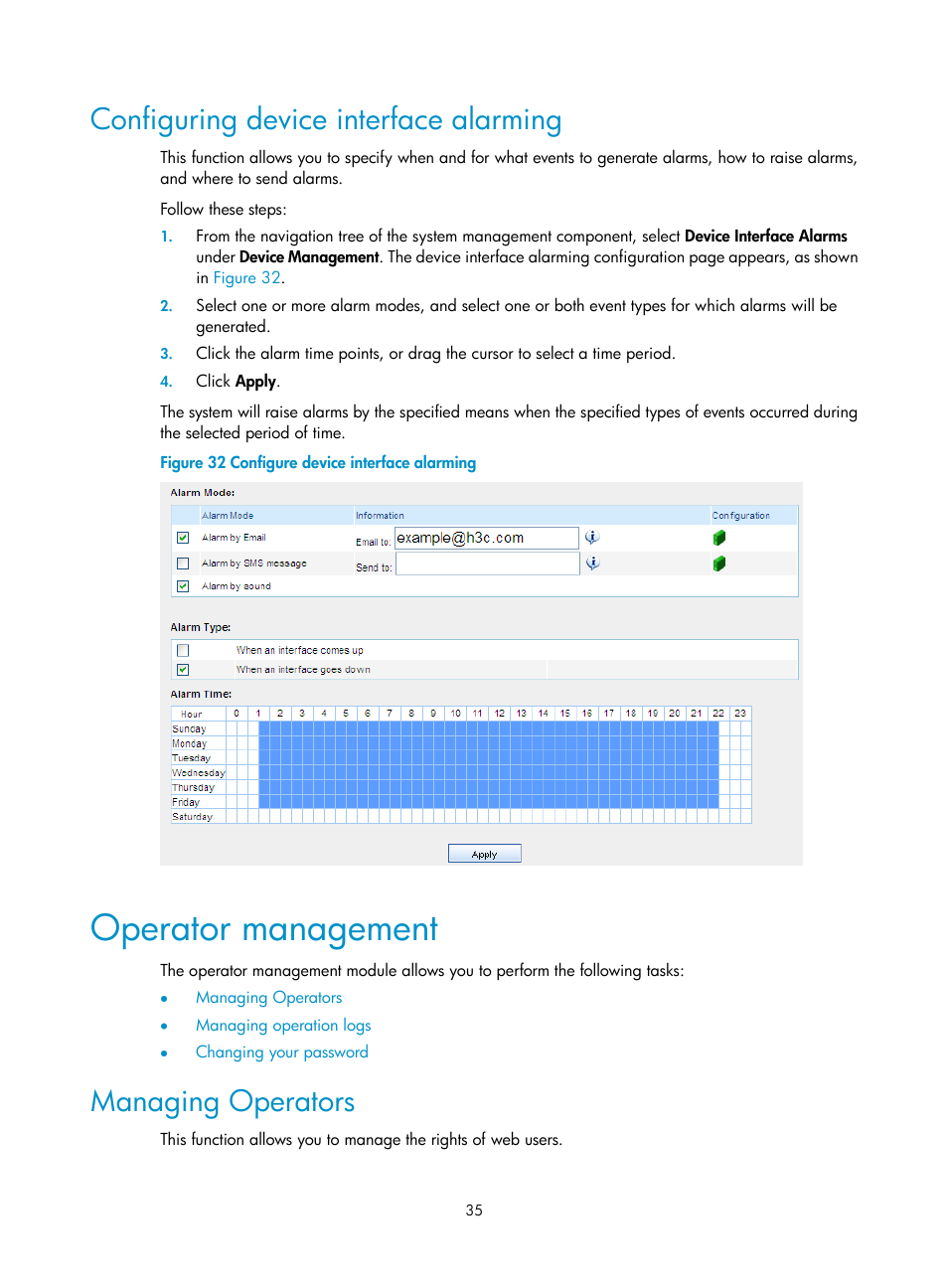 Configuring device interface alarming, Operator management, Managing operators | H3C Technologies H3C SecCenter UTM Manager User Manual | Page 43 / 262