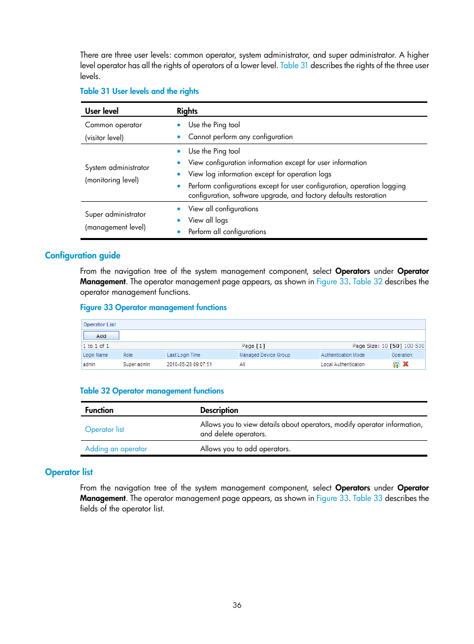 Configuration guide, Operator list | H3C Technologies H3C SecCenter UTM Manager User Manual | Page 44 / 262