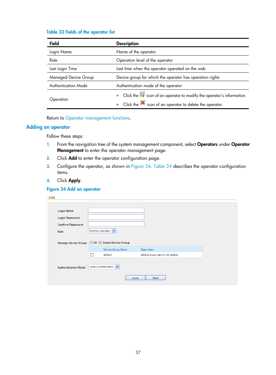 Adding an operator, Table 33 | H3C Technologies H3C SecCenter UTM Manager User Manual | Page 45 / 262