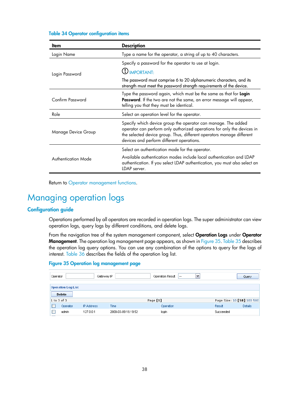 Managing operation logs, Configuration guide, Table 34 | Desc | H3C Technologies H3C SecCenter UTM Manager User Manual | Page 46 / 262