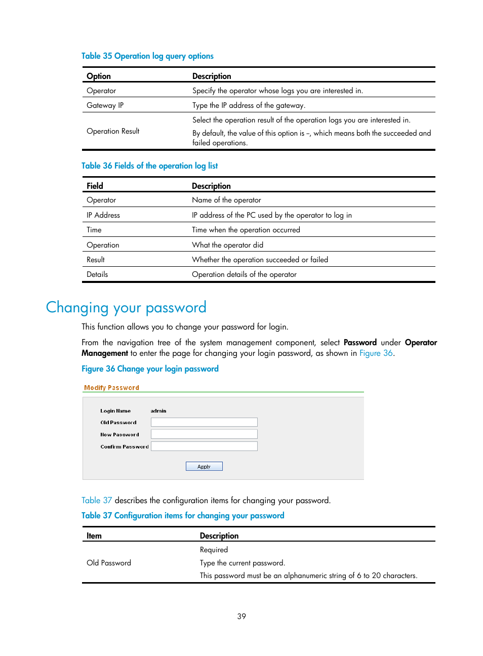 Changing your password, Table 35, Table 36 | H3C Technologies H3C SecCenter UTM Manager User Manual | Page 47 / 262