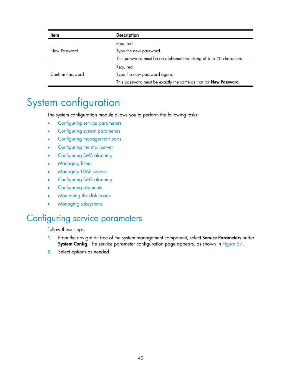 System configuration, Configuring service parameters | H3C Technologies H3C SecCenter UTM Manager User Manual | Page 48 / 262