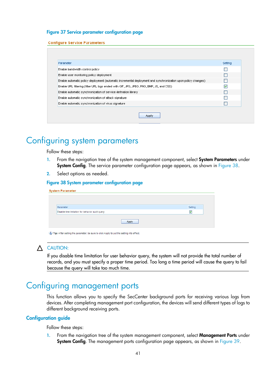 Configuring system parameters, Configuring management ports, Configuration guide | Ge appears, as shown in, Figure 37 | H3C Technologies H3C SecCenter UTM Manager User Manual | Page 49 / 262