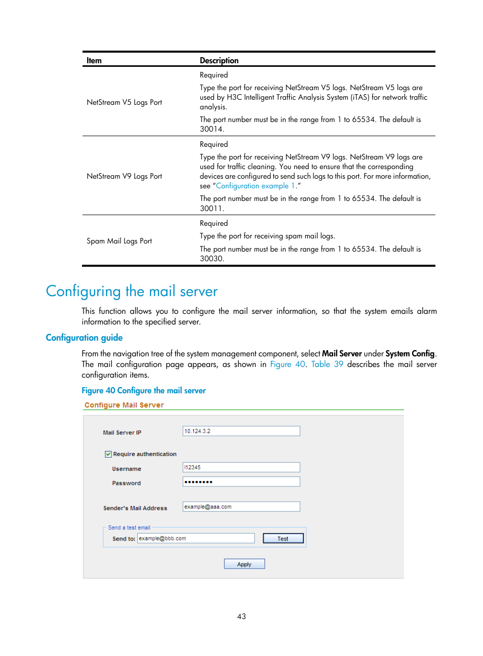 Configuring the mail server, Configuration guide | H3C Technologies H3C SecCenter UTM Manager User Manual | Page 51 / 262