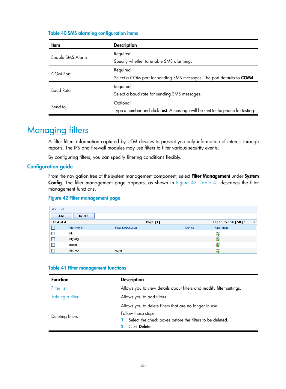 Managing filters, Configuration guide, Configure the settings | Table 40 | H3C Technologies H3C SecCenter UTM Manager User Manual | Page 53 / 262