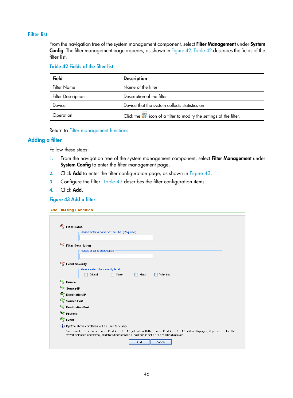 Filter list, Adding a filter | H3C Technologies H3C SecCenter UTM Manager User Manual | Page 54 / 262