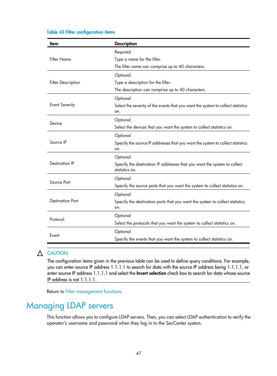 Managing ldap servers, Filter, Table 43 | Desc | H3C Technologies H3C SecCenter UTM Manager User Manual | Page 55 / 262