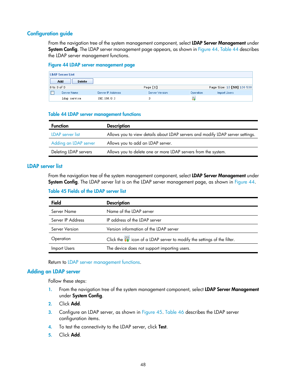 Configuration guide, Ldap server list, Adding an ldap server | H3C Technologies H3C SecCenter UTM Manager User Manual | Page 56 / 262