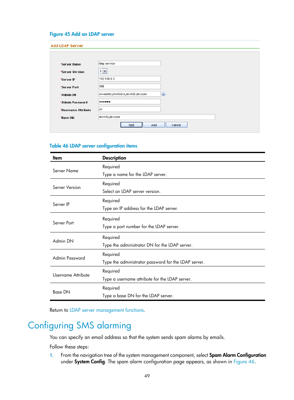 Configuring sms alarming, Figure 45, Table 46 | H3C Technologies H3C SecCenter UTM Manager User Manual | Page 57 / 262