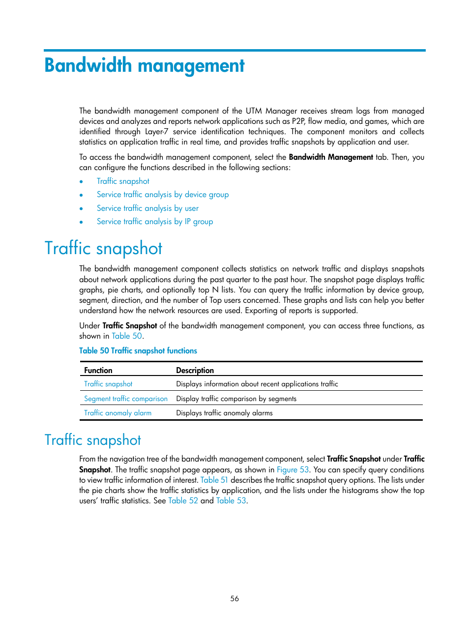 Bandwidth management, Traffic snapshot | H3C Technologies H3C SecCenter UTM Manager User Manual | Page 64 / 262