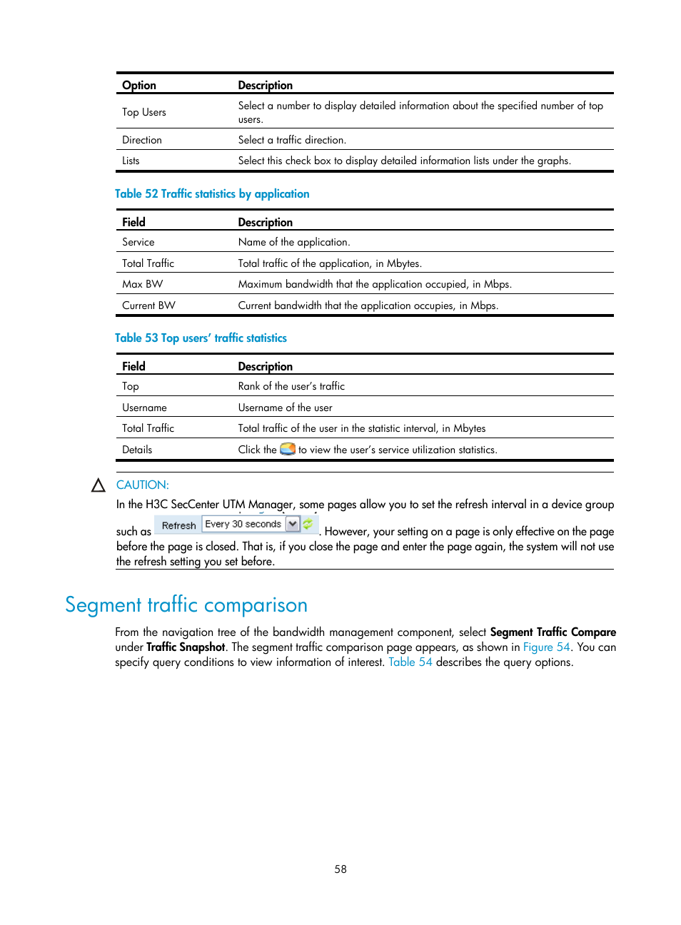 Segment traffic comparison, Table 52, Table 53 | H3C Technologies H3C SecCenter UTM Manager User Manual | Page 66 / 262